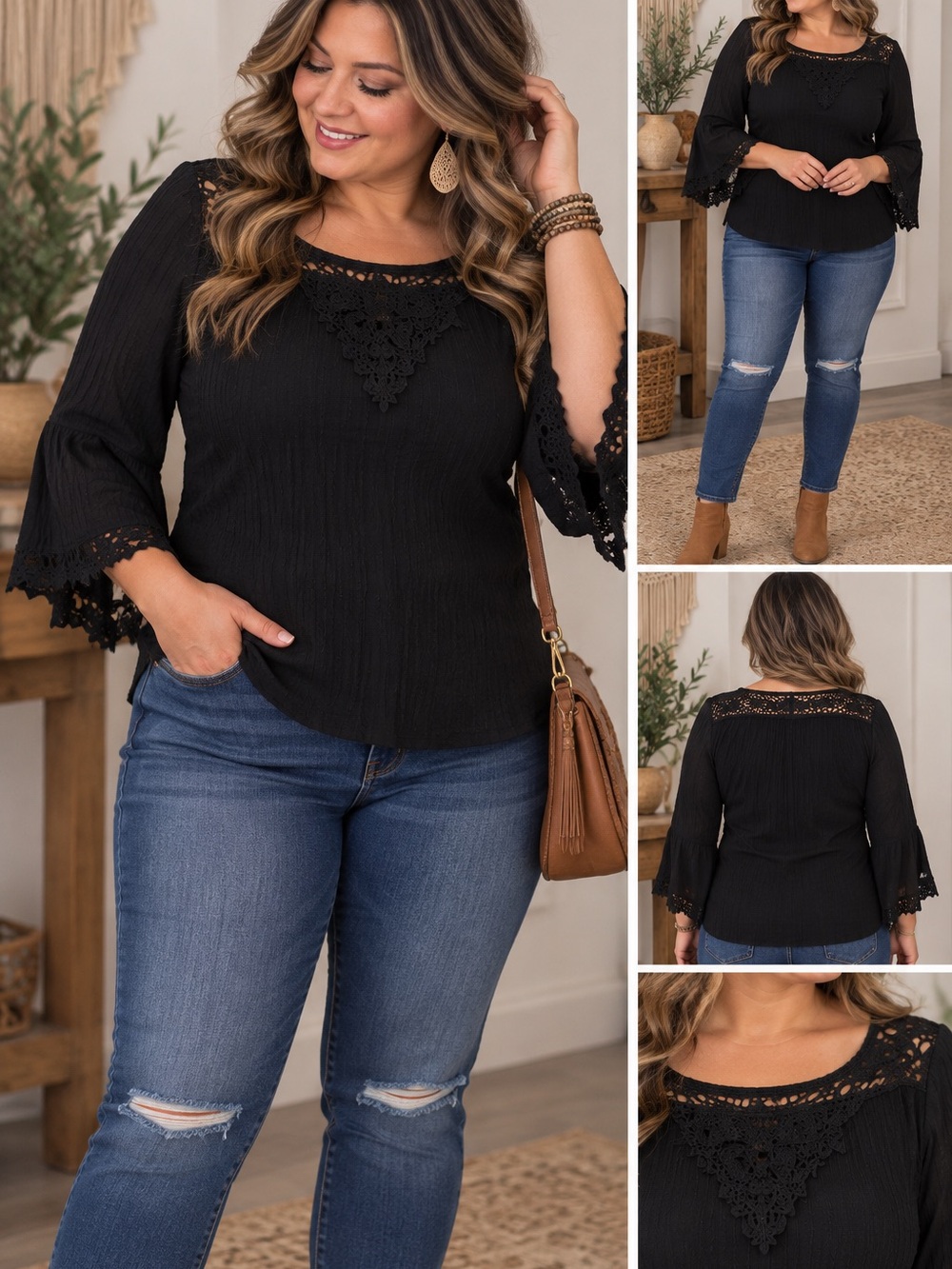 Black Crochet-Trim Bell Sleeve Tunic Top by